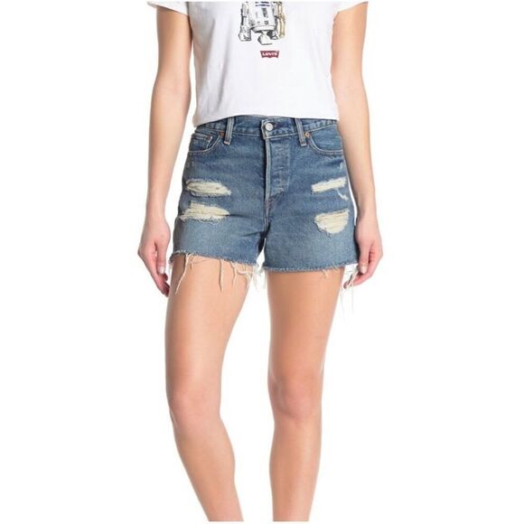 Levi’s Wedgie Distressed High Rise Denim Shorts Size 30 - Picture 2 of 12